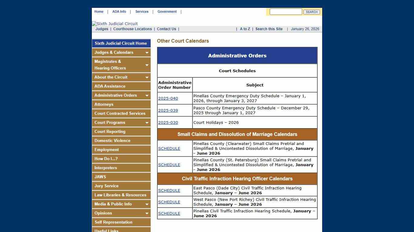 Sixth Judicial Circuit of Florida - Pinellas and Pasco Counties - Other Court Calendars